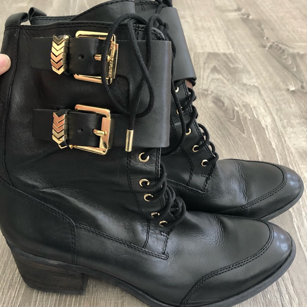 Donald J Pliner black combat moto boots leather heel 9.5